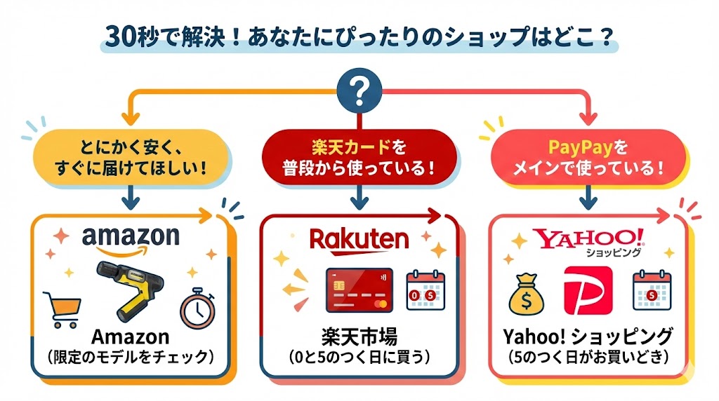 30秒で解決！
OCハンディエアが安く買えるショップチャート図
