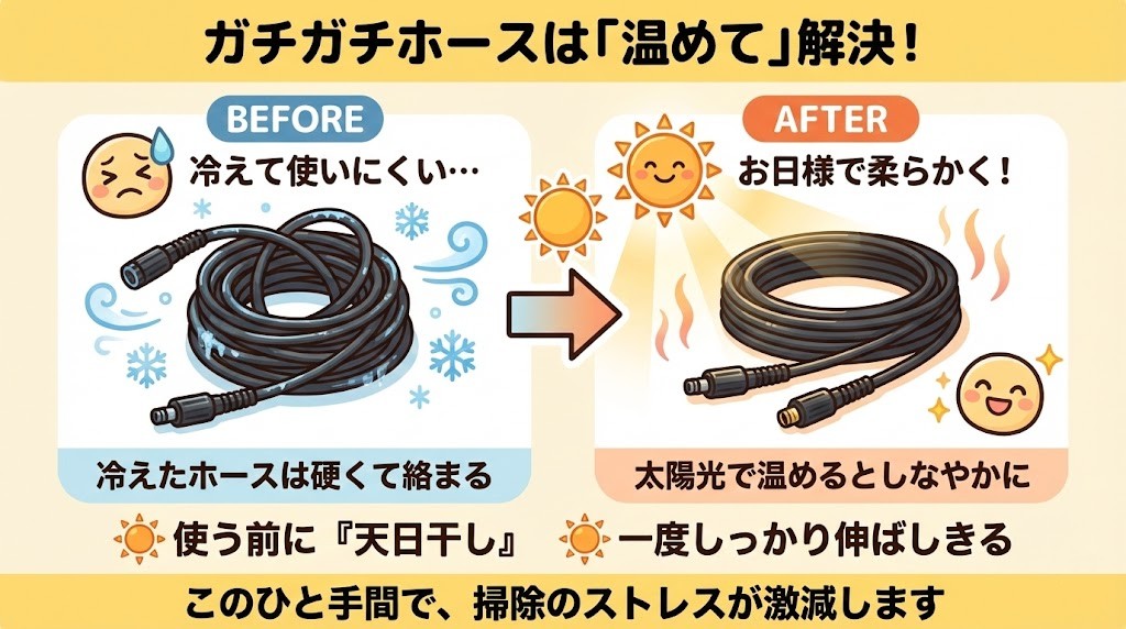 K2サイレントがちがちホースは温めて解決