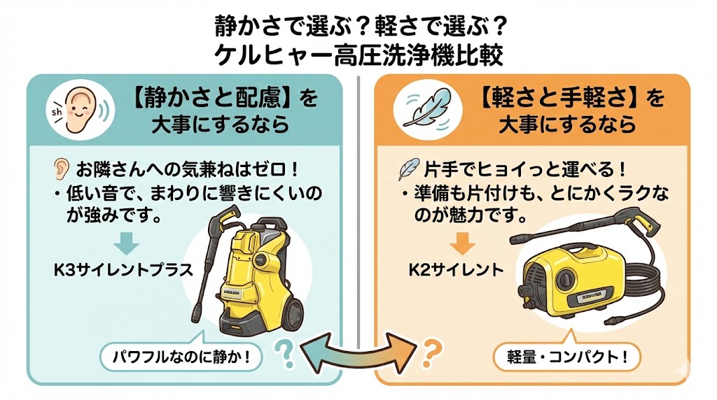 結論ケルヒャーK2サイレントとK3サイレントプラスどっちがおすすめ？