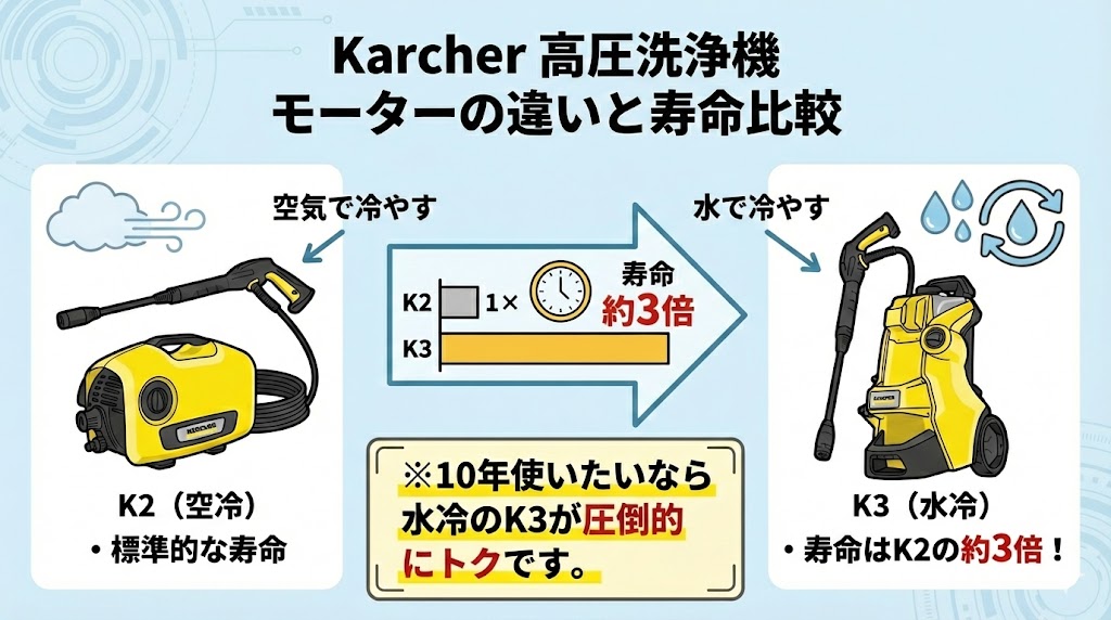 ケルヒャーK2サイレントとK3サイレントプラスモーターの違いと寿命の比較