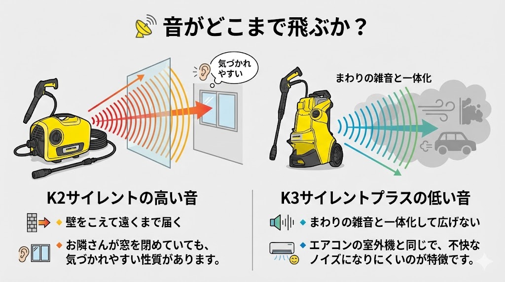 ケルヒャーK2サイレントとK3サイレントプラス音がどこまで飛ぶか比較