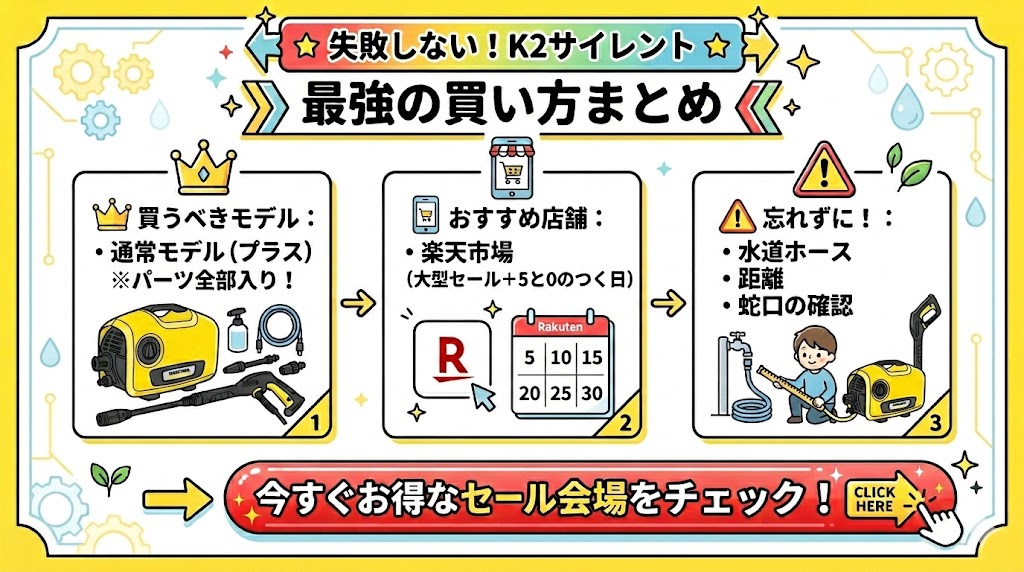 【まとめ】ケルヒャーK2サイレントをお得に手に入れて洗車や大掃除を楽しもう！
