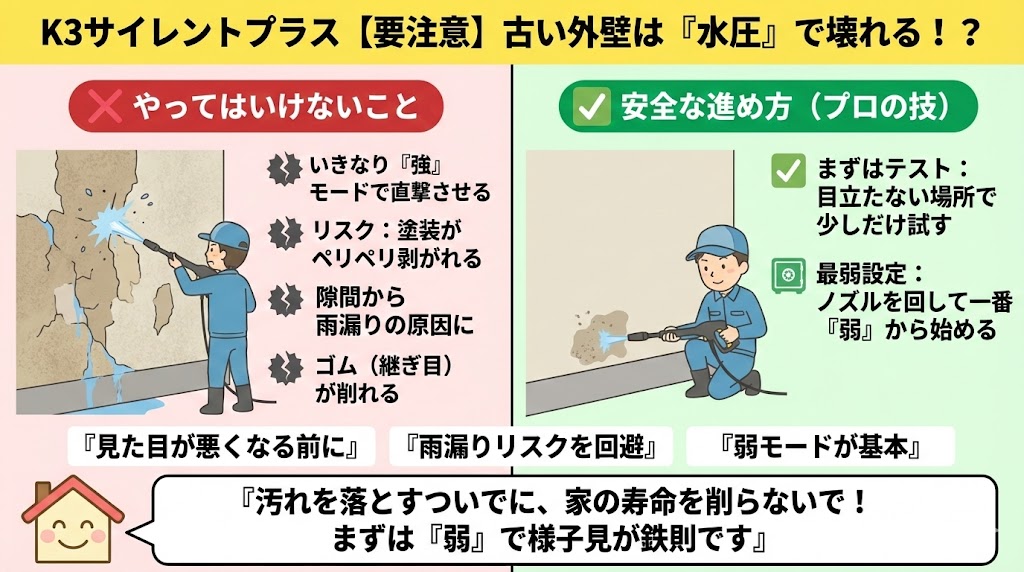 K3サイレントプラスで古いが壁を洗う時の注意点