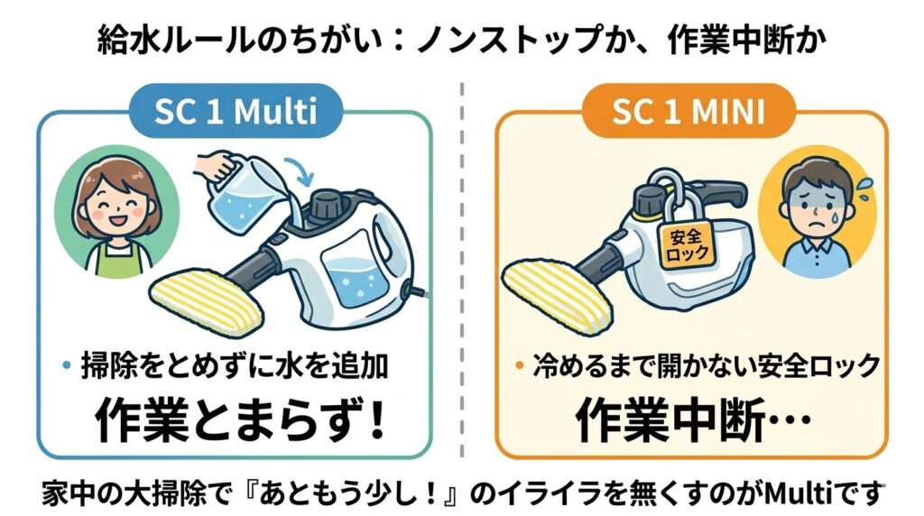 SC1 MultiとMINIの違い2つ目は、途中で水がなくなったときの給水ルール