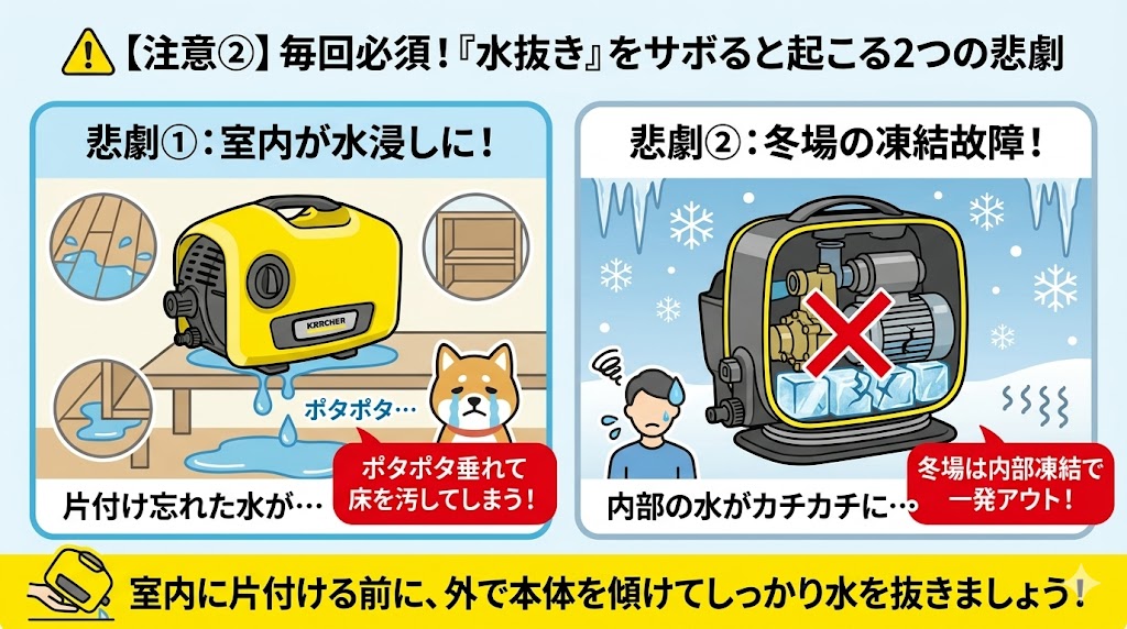 ケルヒャー　「水抜き」作業は毎回必須