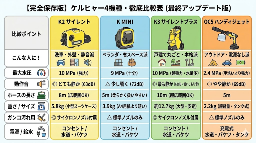 ケルヒャー　K2サイレント　MINI　K3サイレントプラス　ハンディジェット比較表