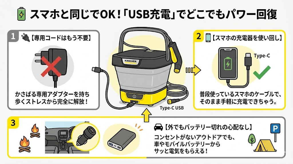 OC3フォルダブル　USBでどこでも充電できる