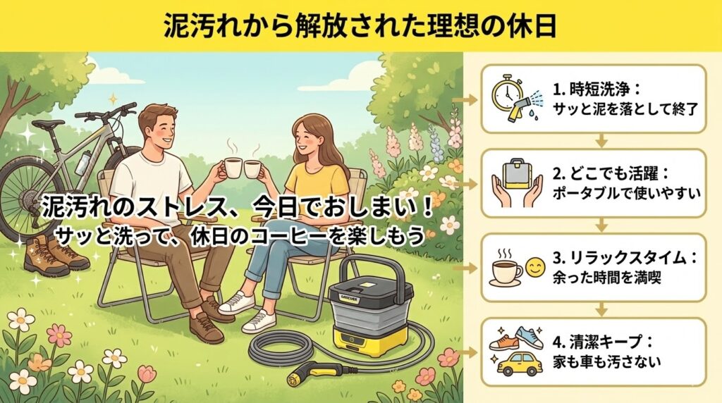 【まとめ】ケルヒャーで泥汚れのストレスから解放！OC3・フォルダブルを使い倒そう