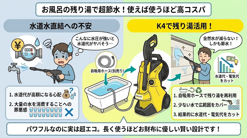 ケルヒャーK4プレミアムサイレント
良い口コミ　残り湯も使える