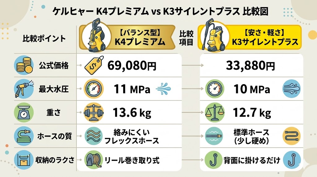 ケルヒャー　K4プレミアム　K3サイレントプラス　比較図