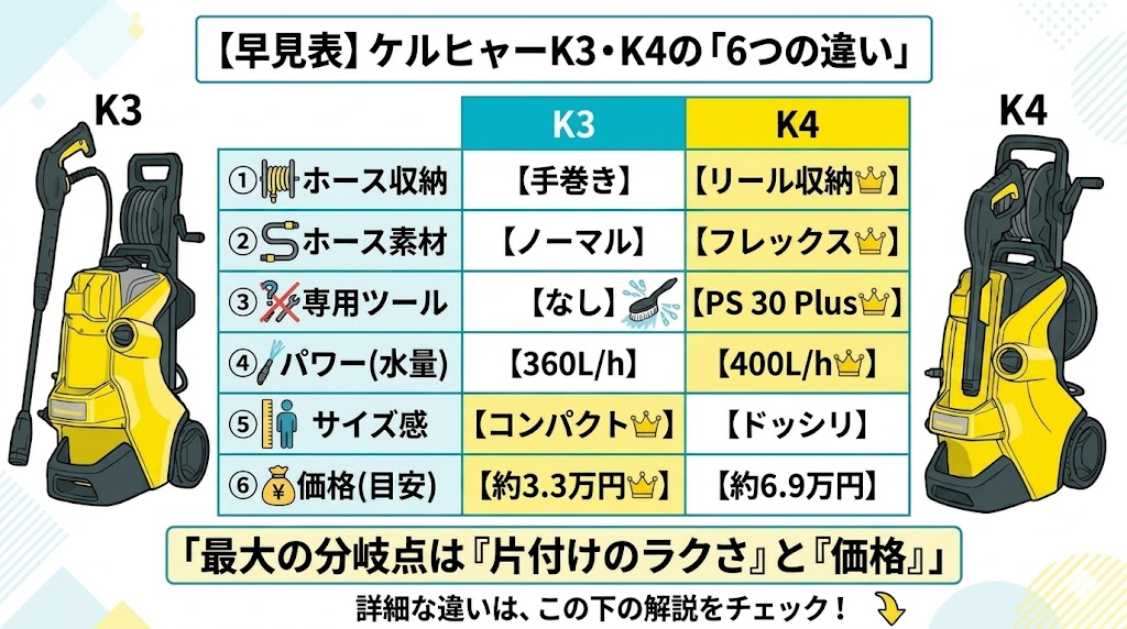 【違い比較】ケルヒャーK3サイレントプラスとK4プレミアムサイレントの6つの違い