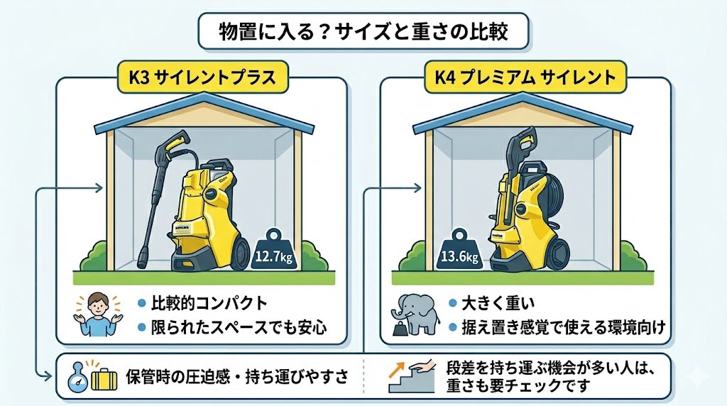 ケルヒャー　K3　K4ホースサイズと重さの違い　比較図