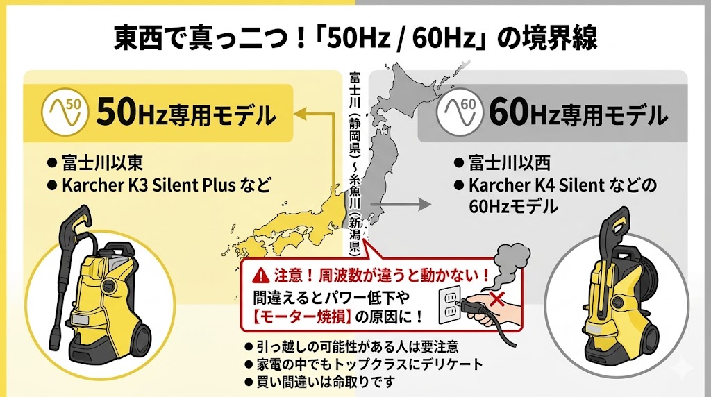 ケルヒャー　東日本（50Hz）と西日本（60Hz）対応地区境界線の図