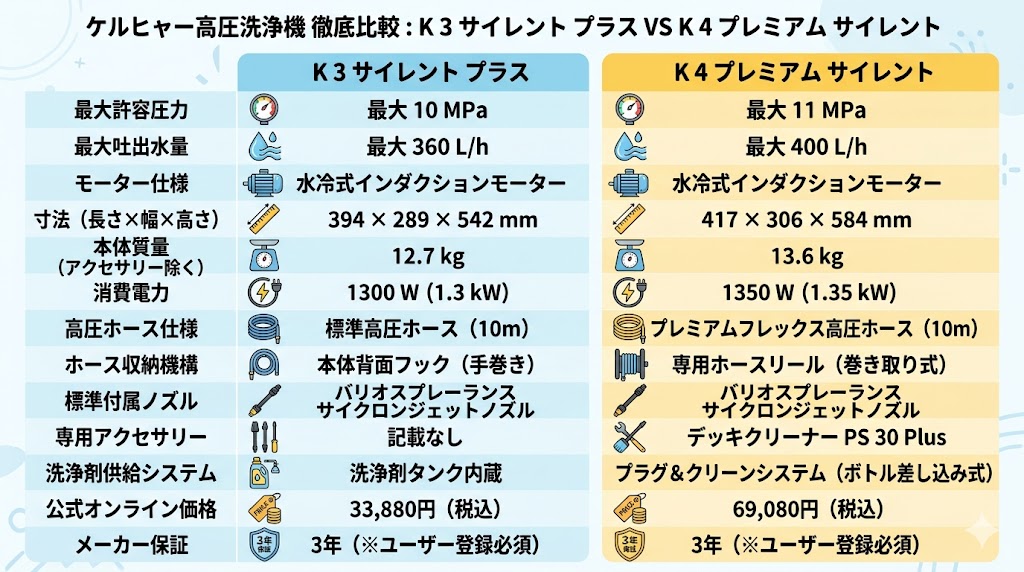 ケルヒャー　K3　K4　スペック比較表図