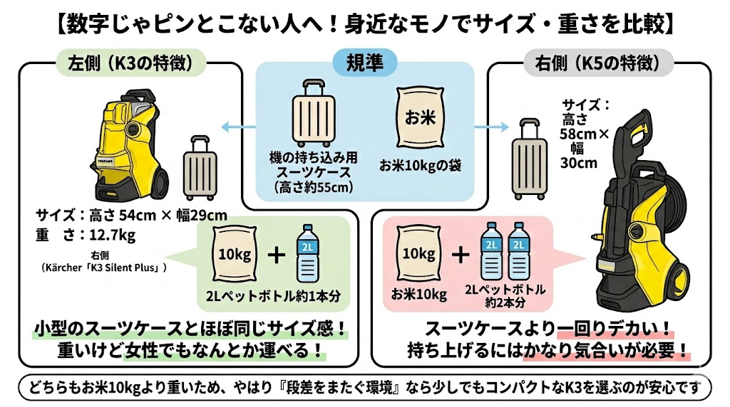 重さとサイズ感　K3　K5比較図
