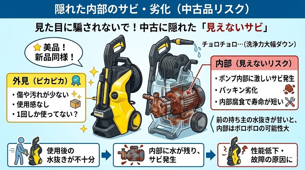 中古品は「内部ポンプのサビ・水圧低下」が隠れている