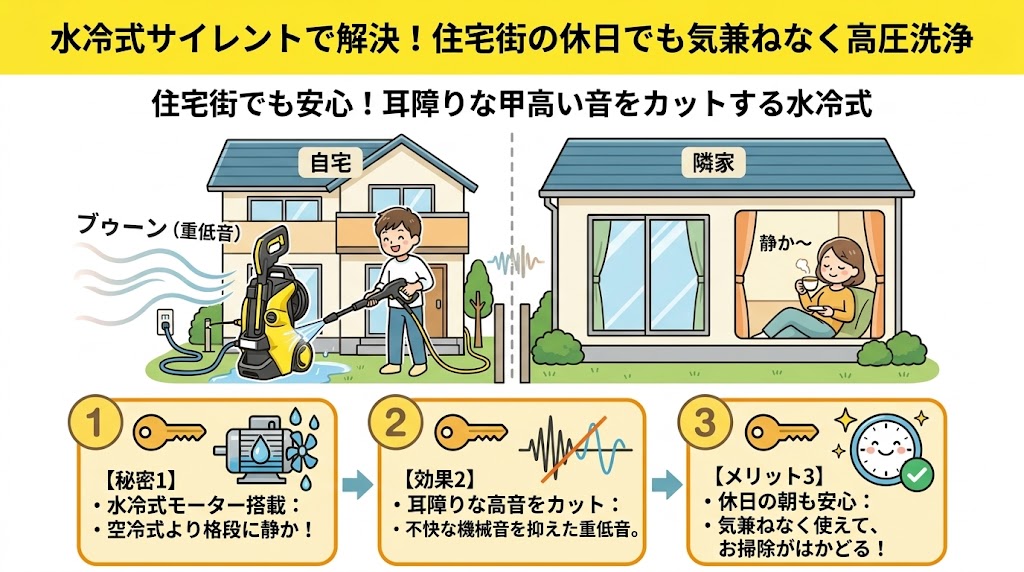 水冷式サイレントだから住宅街の休日でも使いやすい