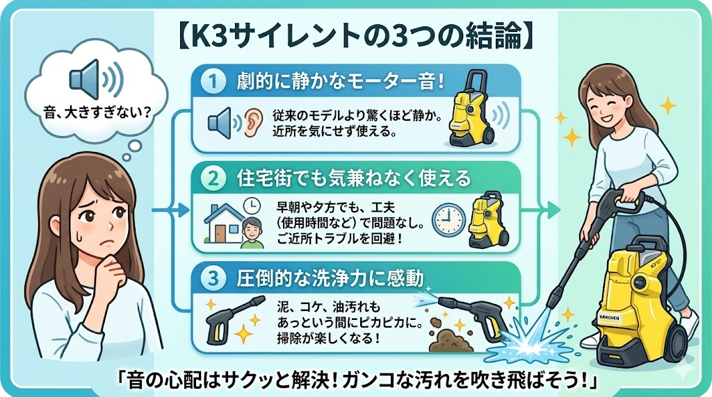 ケルヒャーK3サイレントの静かさと洗浄力を示す3つのポイント