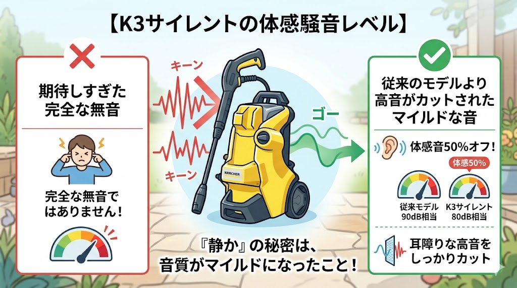 K3サイレントは完全な無音ではないが耳障りな高音はカットされていることの図解