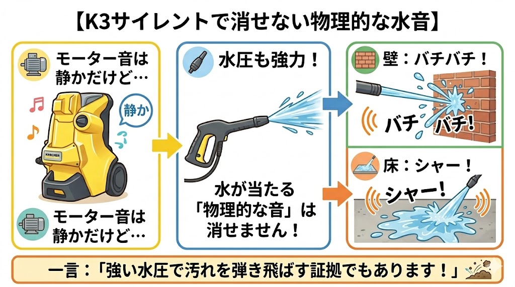 モーター音は静かでも水が壁や床に当たる噴射音は消せないことの図解