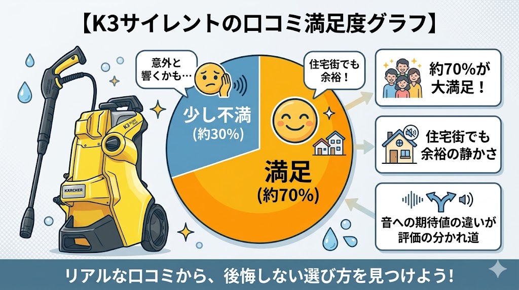 K3サイレントの利用者の約70%が満足、約30%が少し不満という調査結果の円グラフ