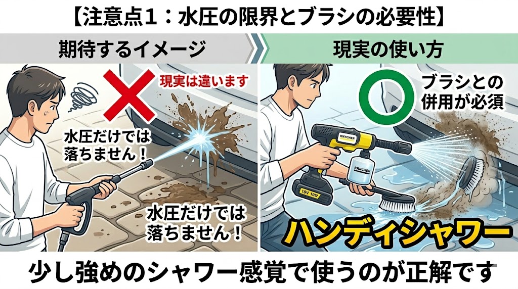 OC5の水圧限界とブラシ併用の重要性の図解