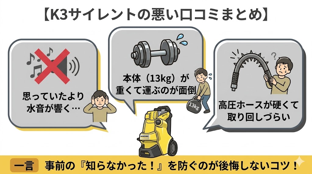 K3サイレントの悪い口コミである水音、重さ、ホースの硬さについてのまとめ