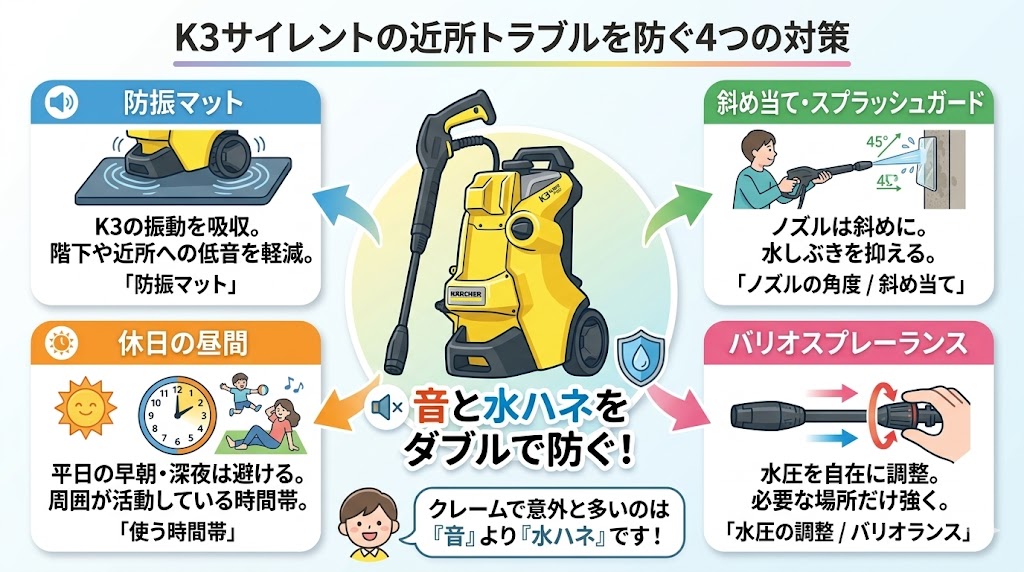 近所トラブルを防ぐための防振マット、ノズル操作、時間帯、水圧調整の4つの対策