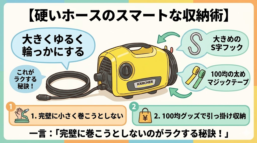 100均グッズを使った硬いホースのスッキリ収納術