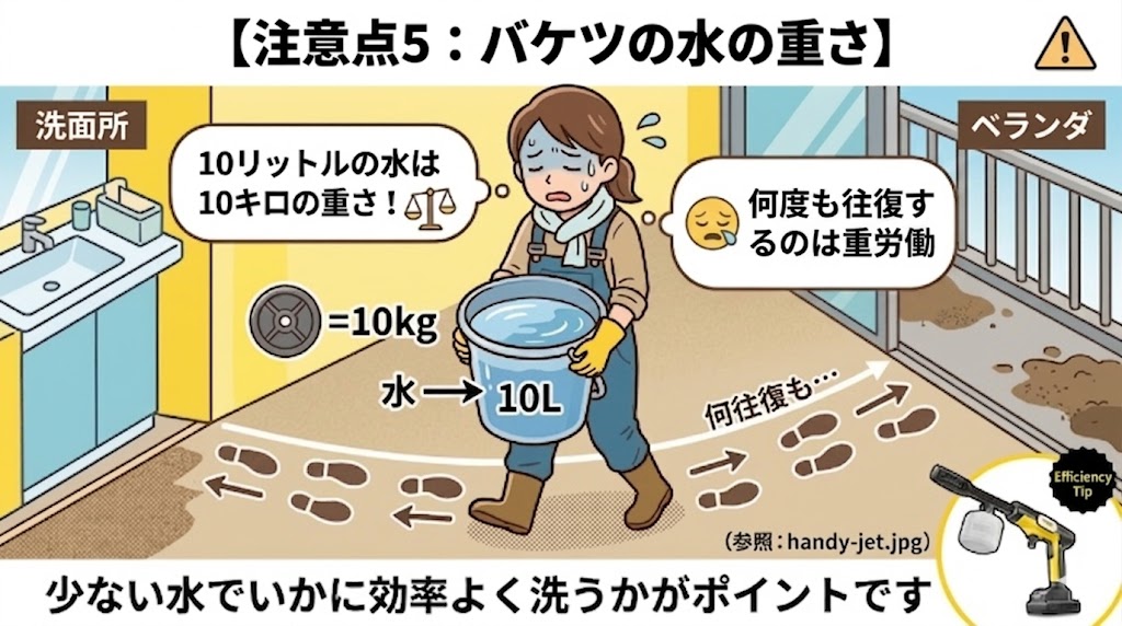 10Lバケツによる給水の重さと労力のイメージ