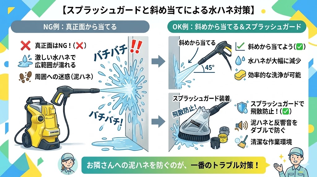 水ハネと反響音を防ぐためのノズルの斜め当てとスプラッシュガードの効果