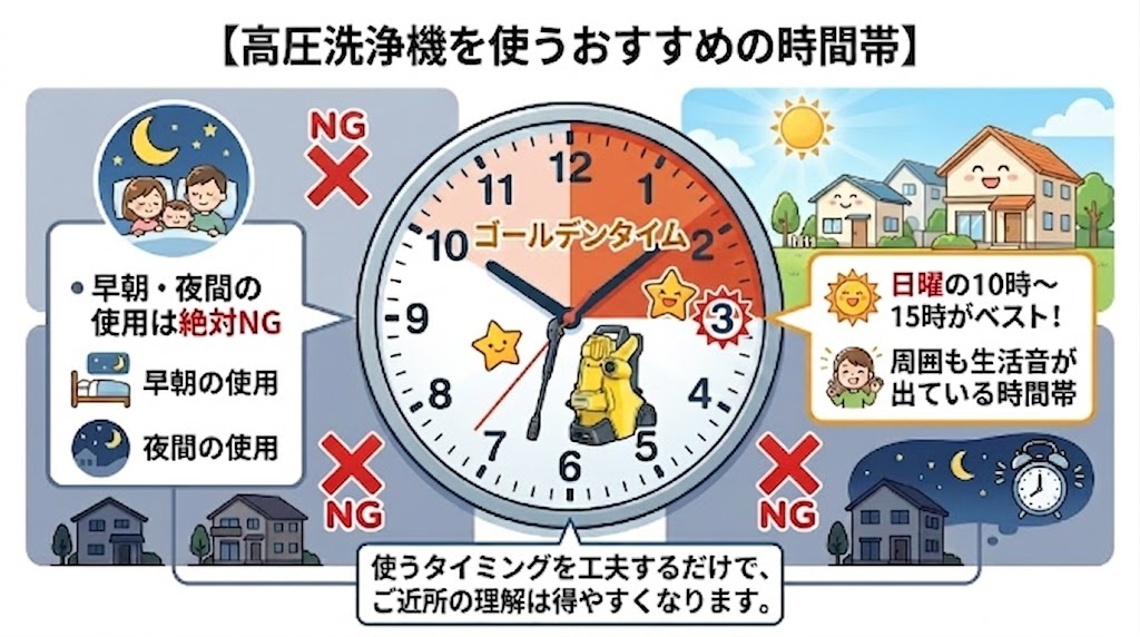 高圧洗浄機を使用するのに適した日曜の朝10時から午後3時のゴールデンタイム