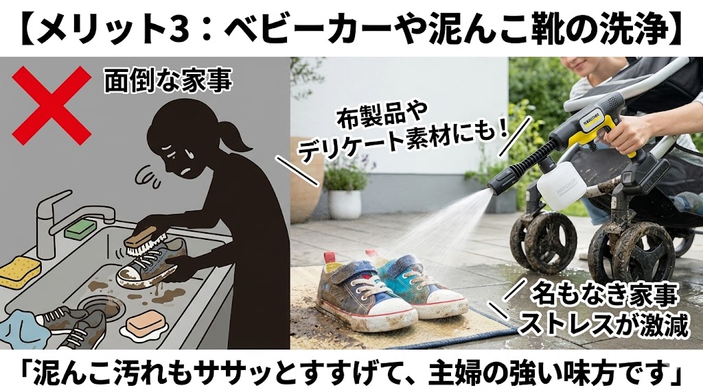 ベビーカーや泥んこ靴を手軽に洗う活用例