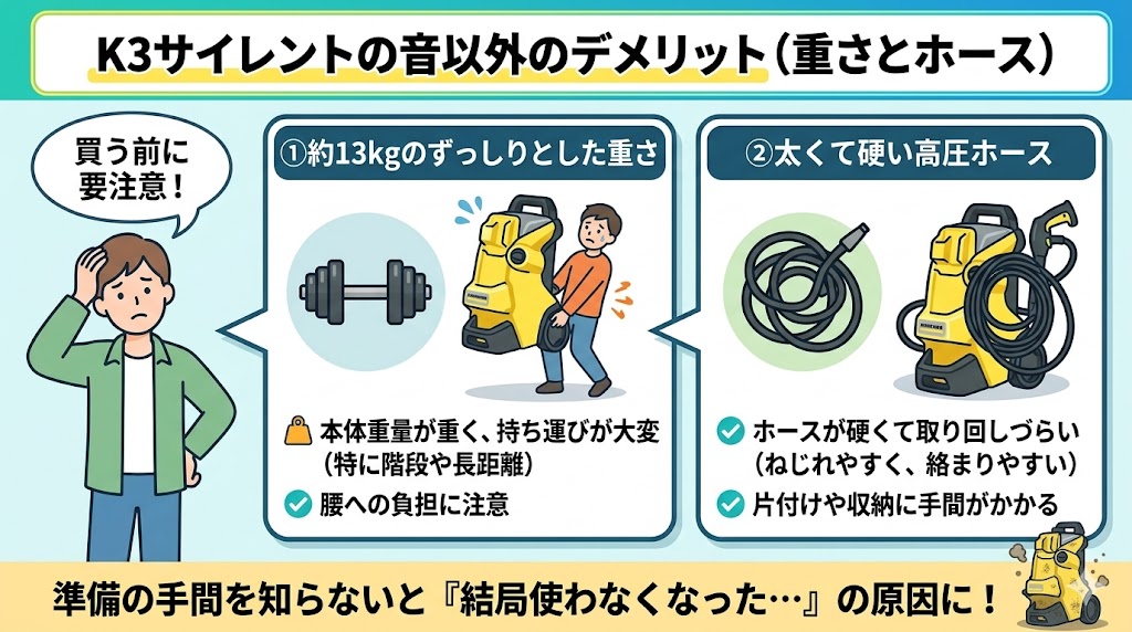 K3サイレントを買う前に知っておくべき13kgの重さとホースの硬さというデメリット