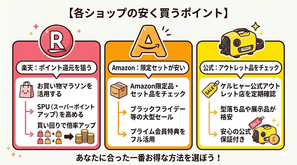 楽天市場、Amazon、公式アウトレットで安く買うポイント