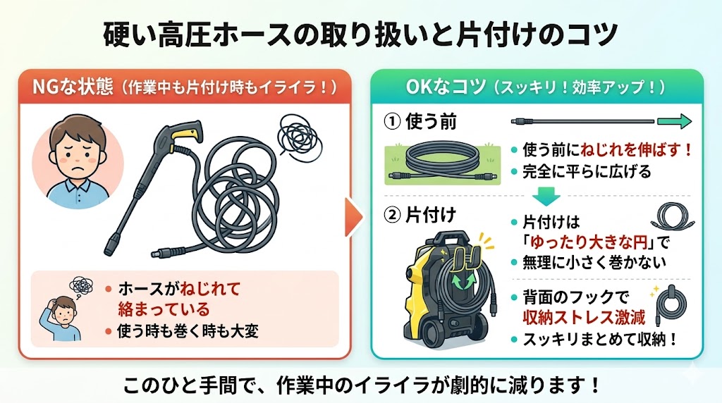 硬い高圧ホースを使いやすくするための事前のねじれ伸ばしと片付けのコツ
