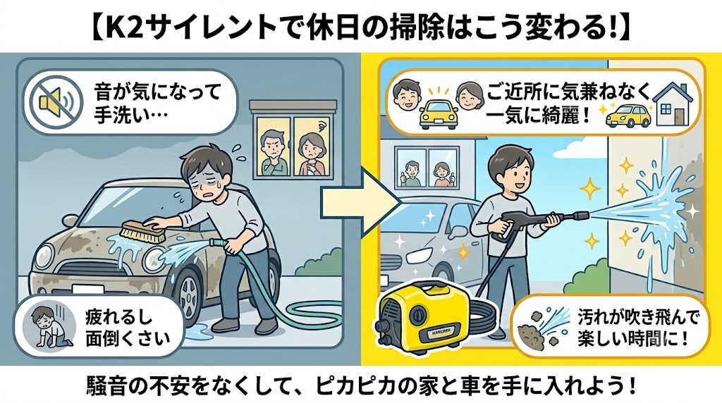 K2サイレント導入前後の休日の洗車・掃除のビフォーアフター