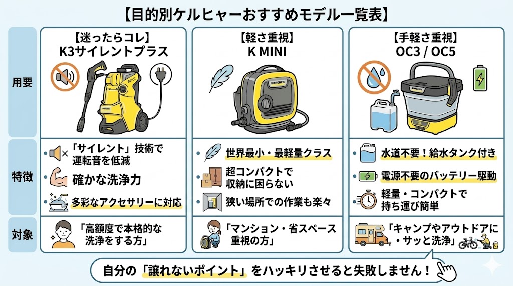 K3サイレントプラス、K MINI、OC3/OC5の目的別の比較
