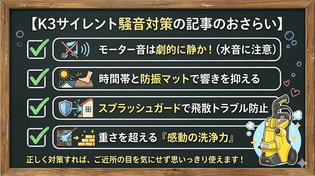 K3サイレントの静かなモーター音、使用時間帯と防振マット、スプラッシュガード、洗浄力の4つのポイントまとめ