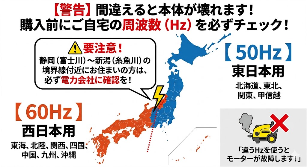 東日本（50Hz）と西日本（60Hz）のモデル違いに注意！