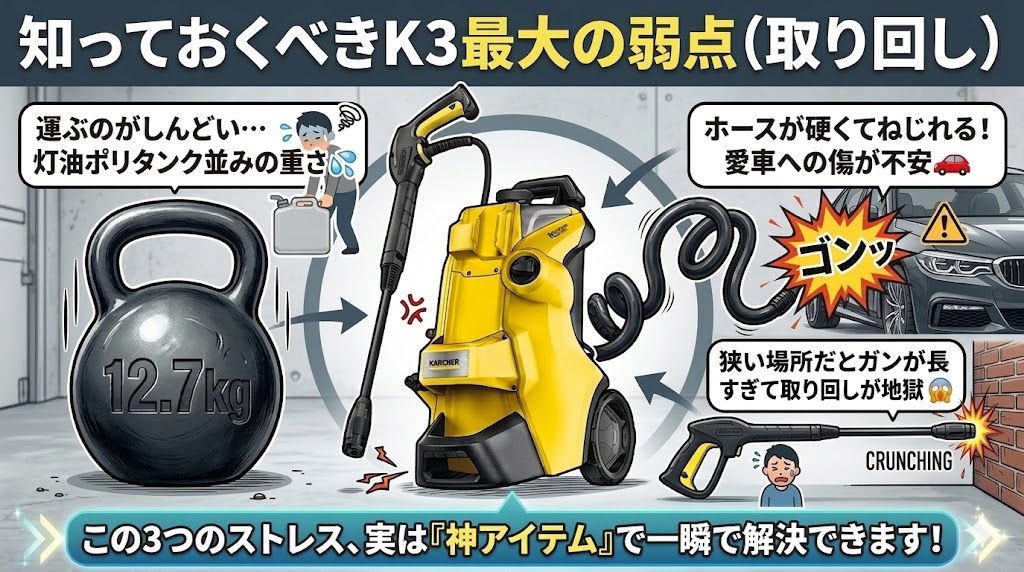 【収納と取り回し】本体が重く、高圧ホースが硬い
